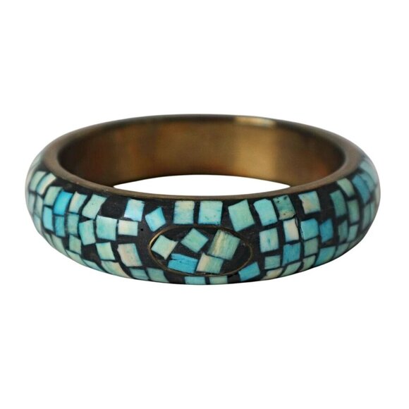 Vintage Chunky Bracelet Mosaic Bangle Shell Inlay Bracelet - Picture 2 of 4